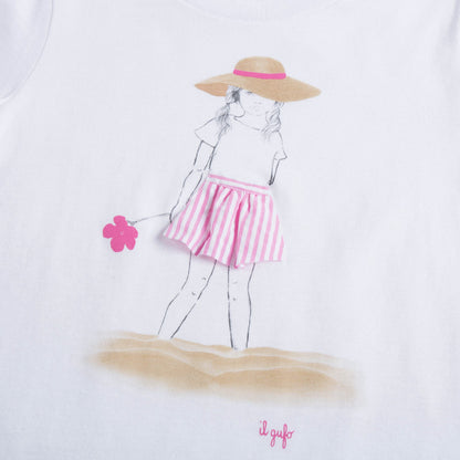 Girls White & Azalea Pink Printed Cotton T-shirt