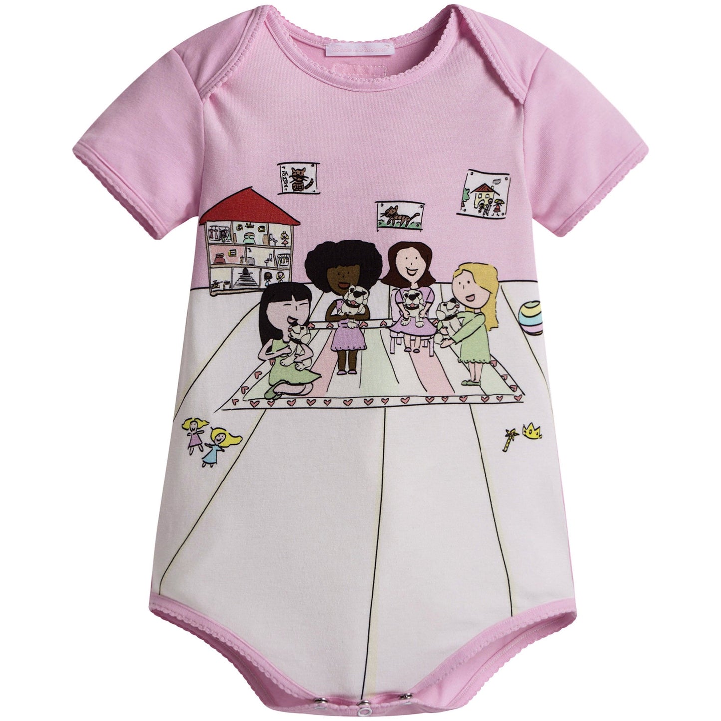 Baby Girls Pink Fancy Printed Trims Cotton Bodysuit