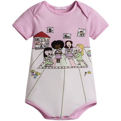 Baby Girls Pink Fancy Printed Trims Cotton Bodysuit
