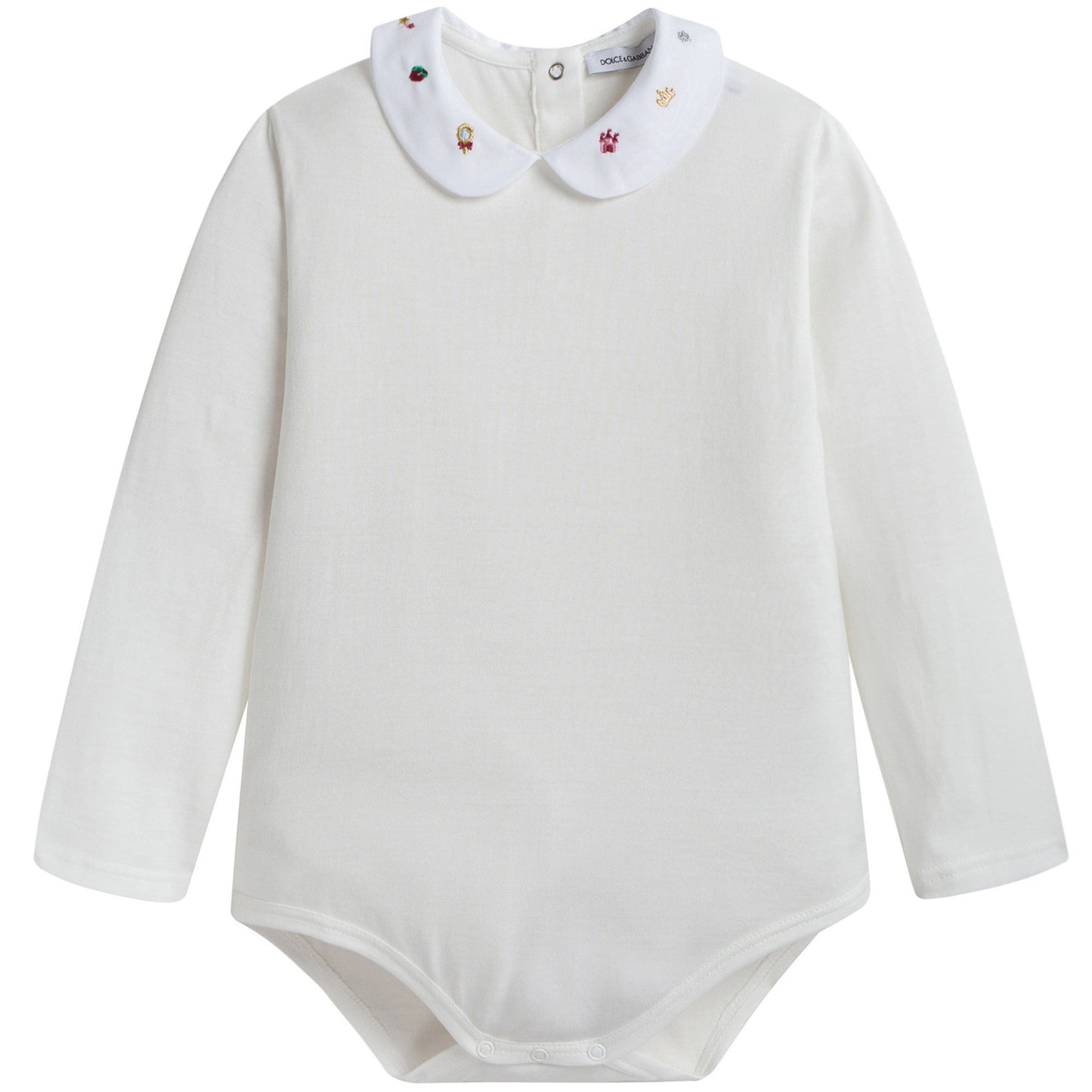 Baby Girls White Cotton Bodysuit With Patch Trims Collar