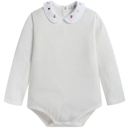 Baby Girls White Cotton Bodysuit With Patch Trims Collar