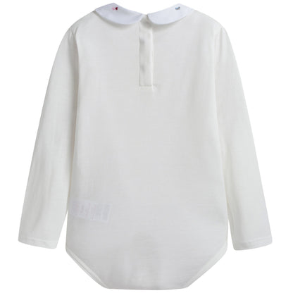 Baby Girls White Cotton Bodysuit With Patch Trims Collar
