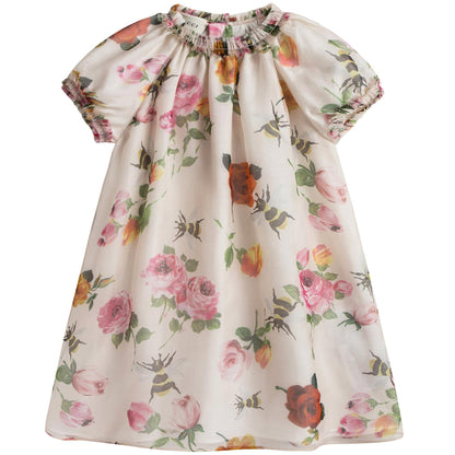 Baby Girls Ivory Dress With Flower Print Trims