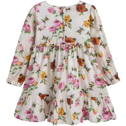 Baby Girls White Cotton Dress With Multicolor Flower Print Trims