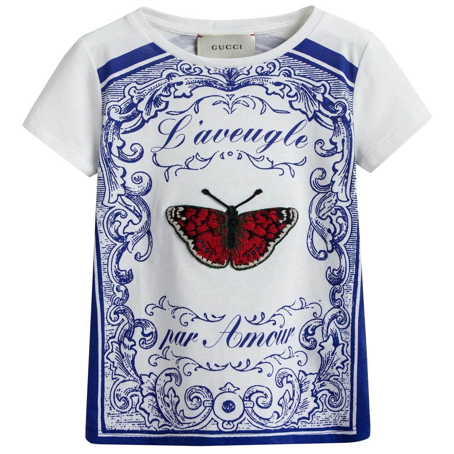 Girls White & Blue Cotton T-Shirt