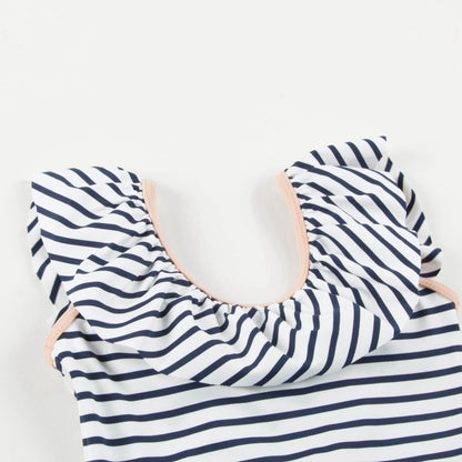 Girls White & Black Striped Polyamide Swimwear