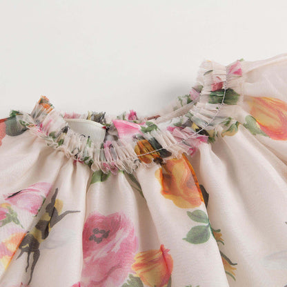 Baby Girls Ivory Dress With Flower Print Trims