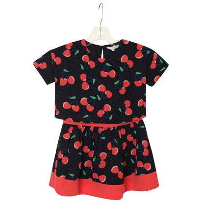 Girls Navy Blue Cherry Printed Trims Dress