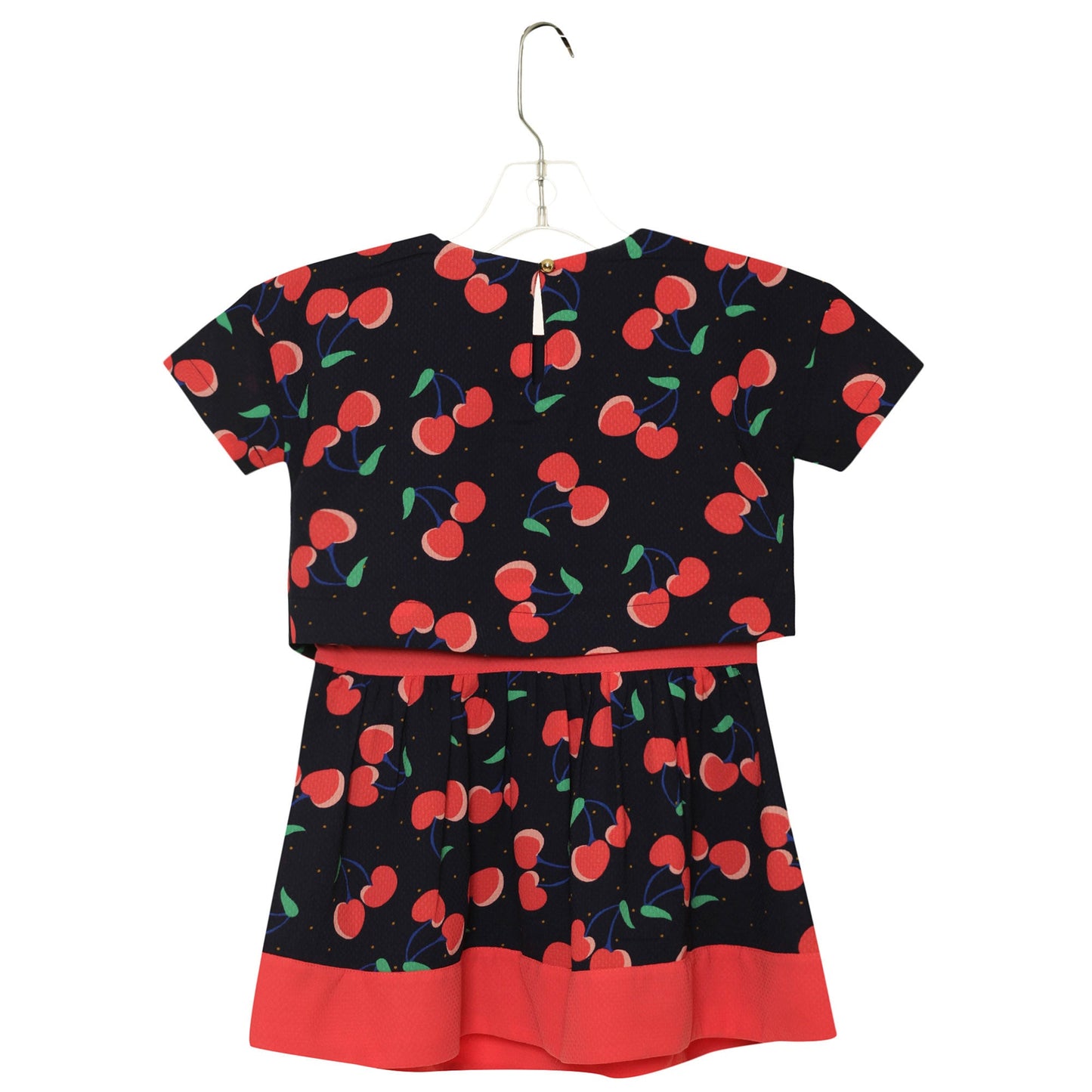 Girls Navy Blue Cherry Printed Trims Dress