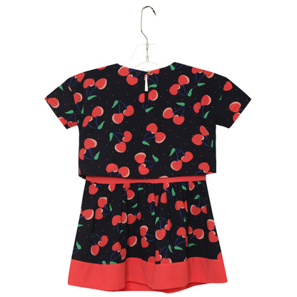 Girls Navy Blue Cherry Printed Trims Dress