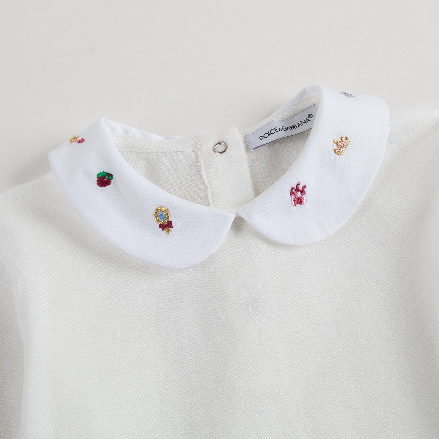 Baby Girls White Cotton Bodysuit With Patch Trims Collar