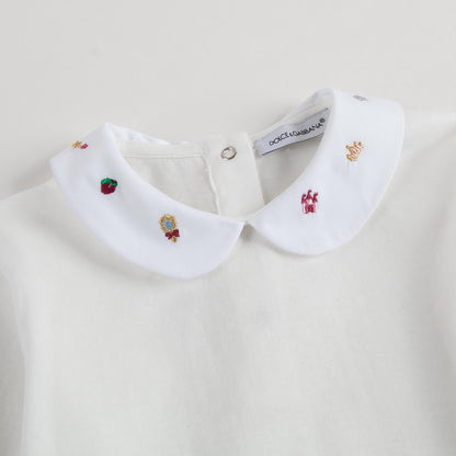 Baby Girls White Cotton Bodysuit With Patch Trims Collar