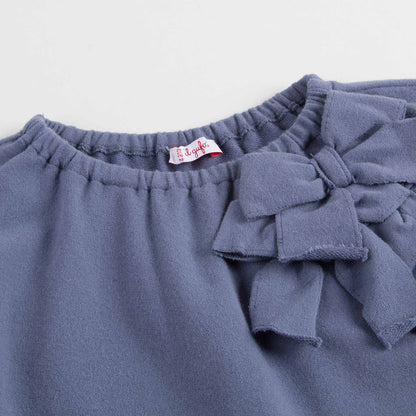 Girls Eggplant Violet Bow Trims Dress With Rib Collar