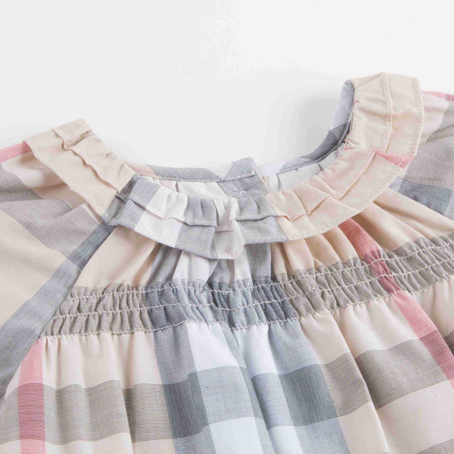 Baby Girls Beige Check Dress With Collar