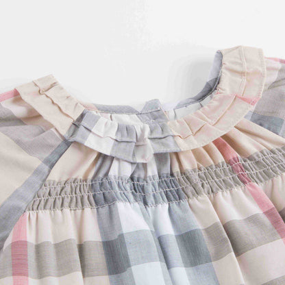 Baby Girls Beige Check Dress With Collar