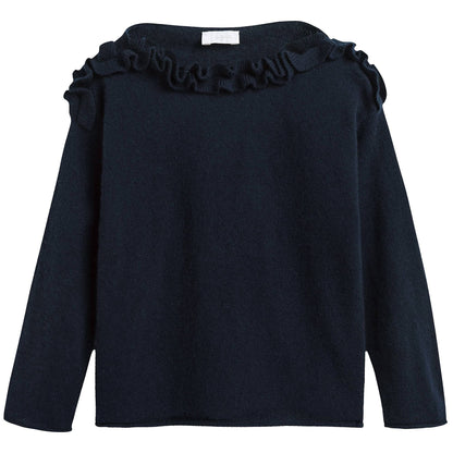 Girls Navy Blue Wool Sweater with Ruffle