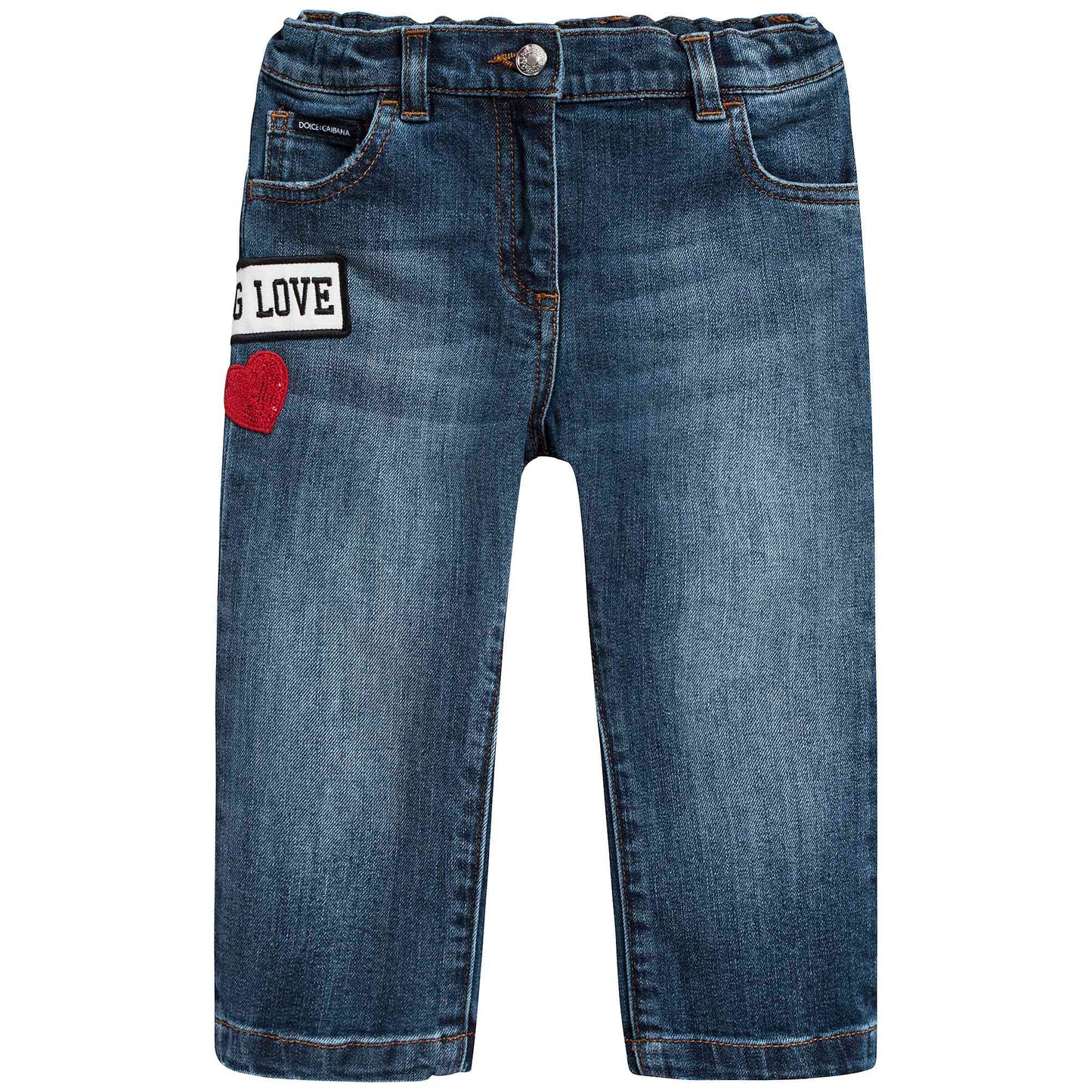 Baby Girls Dark Blue Rose Embroidered Denim Trousers