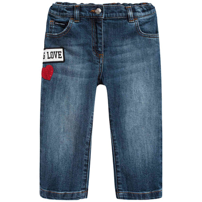 Baby Girls Dark Blue Rose Embroidered Denim Trousers