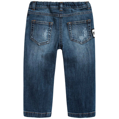 Baby Girls Dark Blue Rose Embroidered Denim Trousers