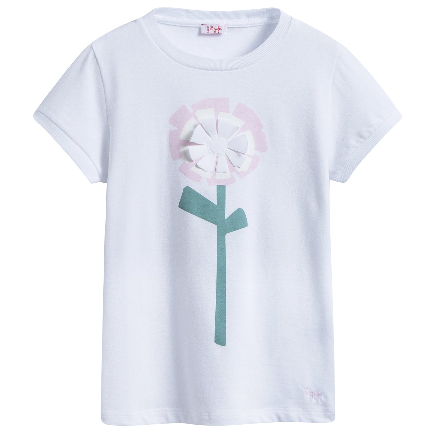 Girls White "Light  Pink  Flower" Cotton T-shirt