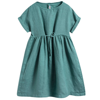 Girls White Sage Green Linen Dress