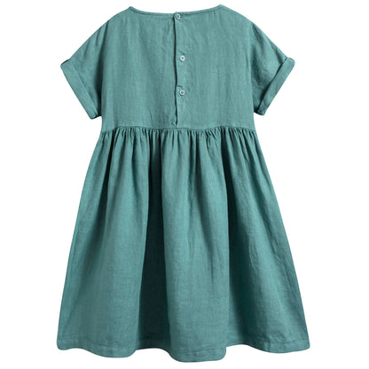 Girls White Sage Green Linen Dress