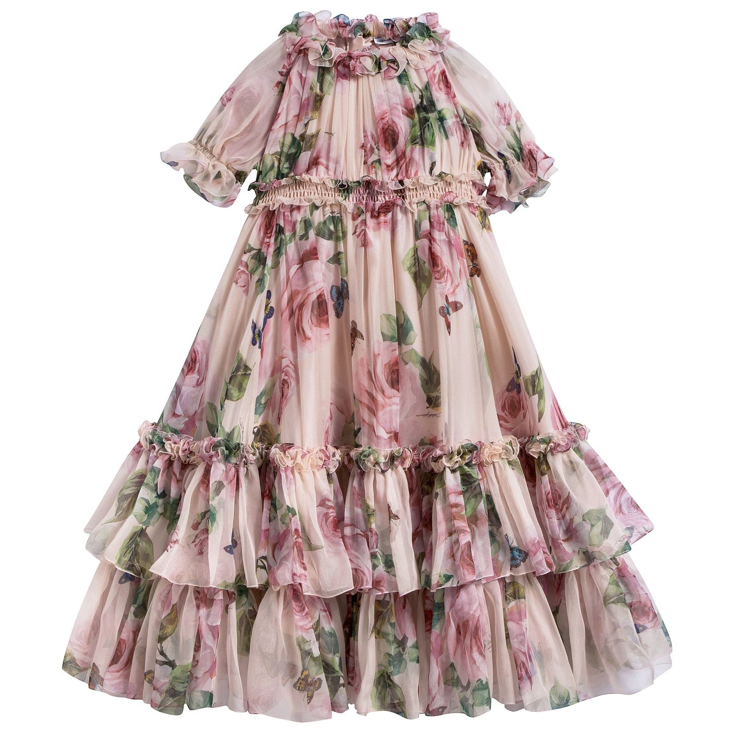 Girls Pink Rose Silk Chiffon Dress