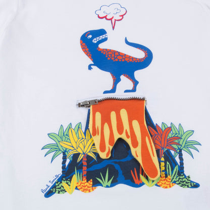 Boys White Dinosaur Printed Cotton T-shirt
