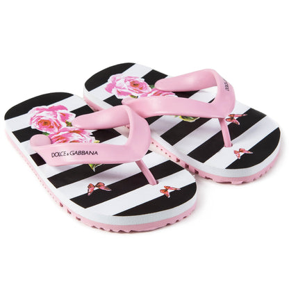 Girls Pink Striped Rose Slippers