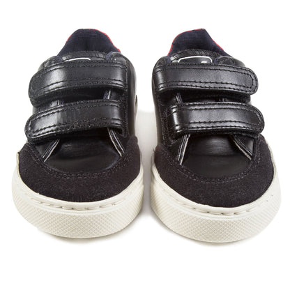 Baby  Boys  Black   Leather Velcro   With  White  "V" Shoes