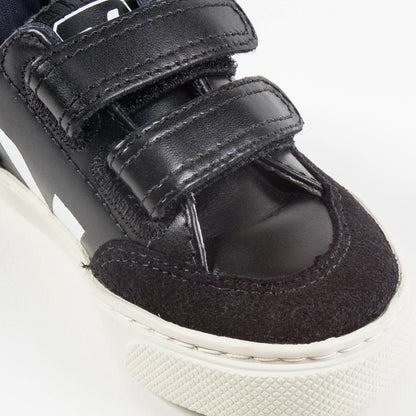 Baby  Boys  Black   Leather Velcro   With  White  "V" Shoes