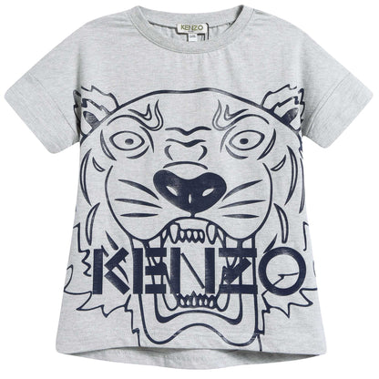 Girls Marl Grey Tiger Printed Cotton Dress