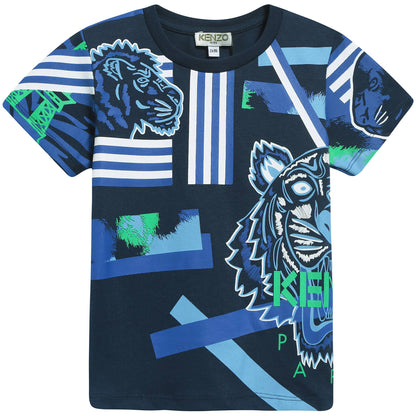 Boys Navy Blue Tiger Printed Cotton T-shirt