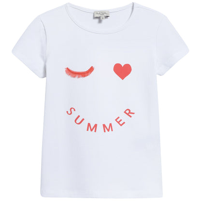 Girls White & Peach Red “Summer” Cotton T-shirt