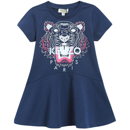 Girls Navy Blue Tiger Printed Cotton Dress