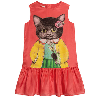 Girls Light Coral Printed Cat Silk Dress