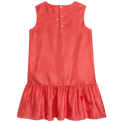 Girls Light Coral Printed Cat Silk Dress