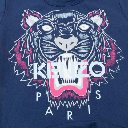 Girls Navy Blue Tiger Printed Cotton Dress
