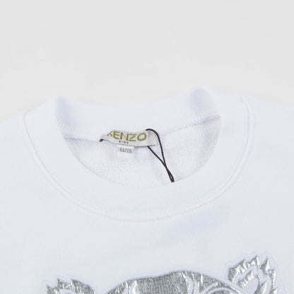 Girls White Tiger Printed Cotton Sweater
