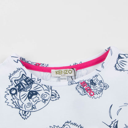 Girls White Tiger Printed Cotton T-shirt