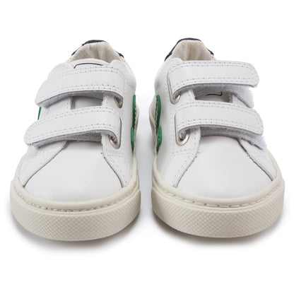 Girls & Boys White Leather Velcro With Green "V" Shoes