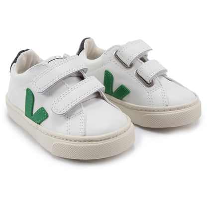 Baby White Leather Velcro With Green "V" Shoes