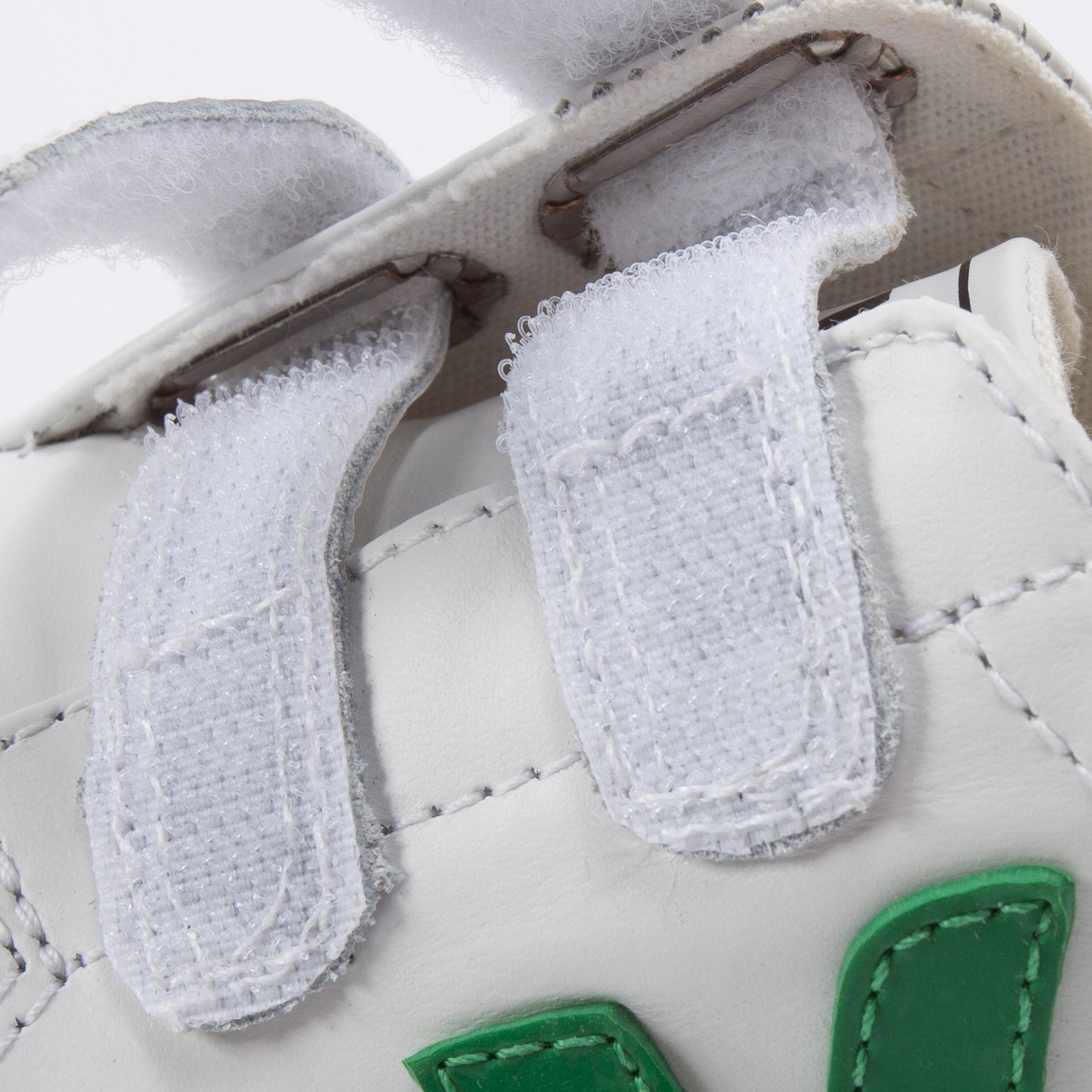 Girls & Boys White Leather Velcro With Green "V" Shoes