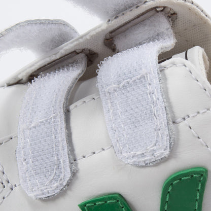 Girls & Boys White Leather Velcro With Green "V" Shoes