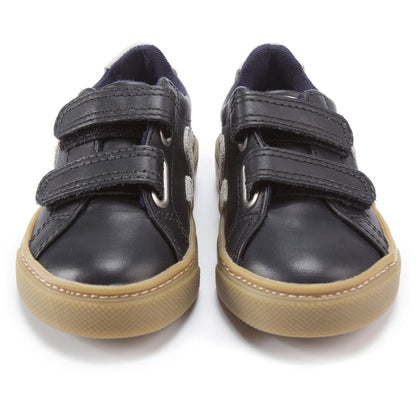 Baby Black Leather Velcro With White "V" Shoes