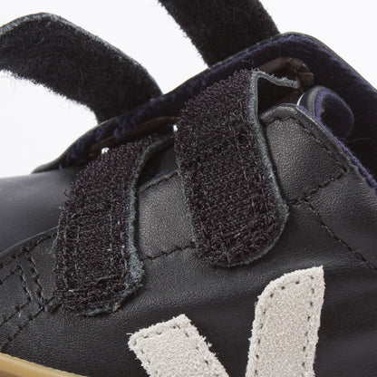 Baby Black Leather Velcro With White "V" Shoes