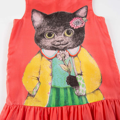 Girls Light Coral Printed Cat Silk Dress
