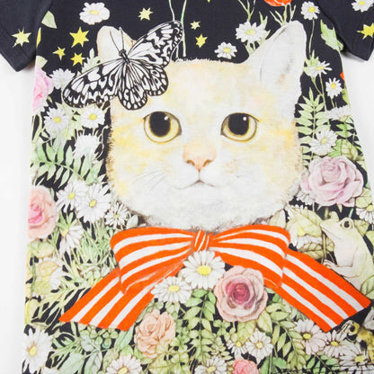 Girls Black Multicolor Cat T-shirt