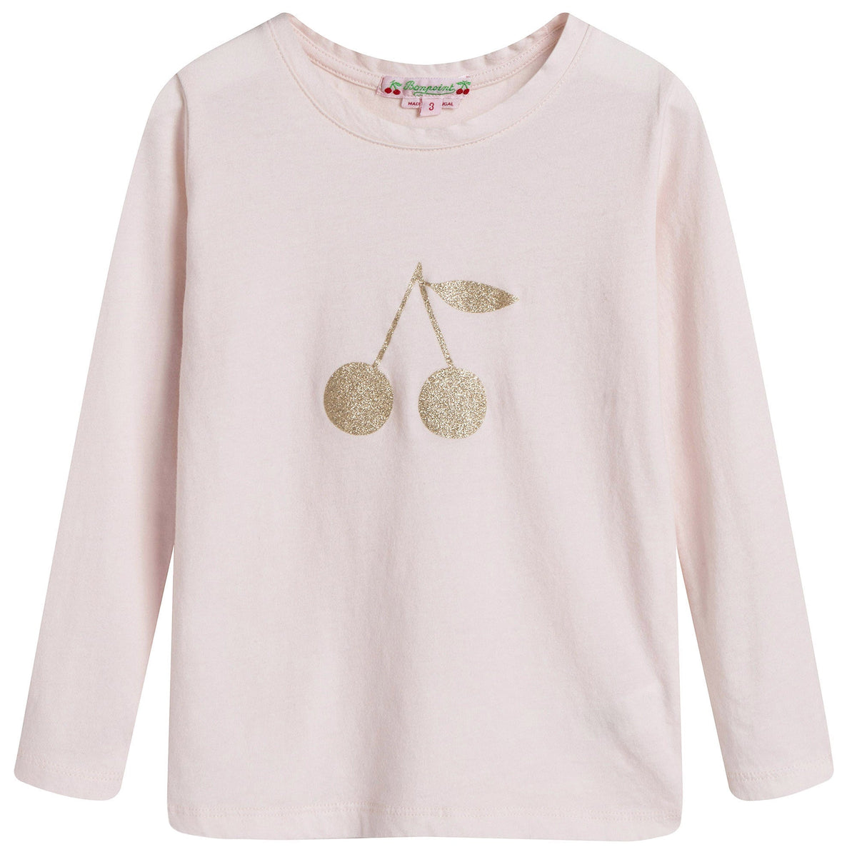 Girls Pale Pink Cotton Gold Cherry Trims T-Shirt