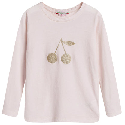 Girls Pale Pink Cotton Gold Cherry Trims T-Shirt